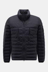 Stone Island Daunenjacke 'Seamless Tunnel Nylon Down-TC' dark navy shown from the front, featuring a high collar, slim fit, lightweight water-repellent microfiber with light duck down filling, zippered pockets, elastic cuffs, garment-dyed fabric, and the 