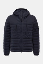 Stone Island Daunenjacke 'Seamless Tunnel Nylon Down-TC' dark navy shown front view with hood, slim fit, water-repellent microfiber, and zippered pockets.