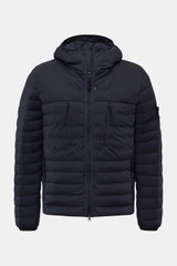 Stone Island Daunenjacke 'Seamless Tunnel Nylon Down-TC' dark navy shown front view with hood, slim fit, water-repellent microfiber, and zippered pockets.