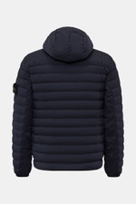 Rear view of Stone Island Daunenjacke 'Seamless Tunnel Nylon Down-TC' dark navy, lightweight down-filled hooded jacket with horizontal quilting and elastic cuffs.