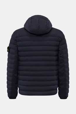 Rear view of Stone Island Daunenjacke 'Seamless Tunnel Nylon Down-TC' dark navy, lightweight down-filled hooded jacket with horizontal quilting and elastic cuffs.