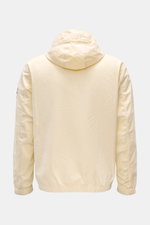 Back view of Stone Island Blouson 'Stretch Cotton Twill-TC' creme, a slim fit lightweight jacket with elastic cotton, soft touch, garment dyed, hood with drawstring, chest and side seam pockets, robust two-way zipper, and elastic hem and cuffs. Sportives 
