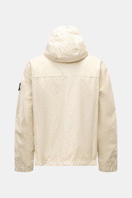 Rear view of Stone Island Jacket 'Membrana' cream in lightweight, wind and water repellent microfibre with hood and adjustable hem.
