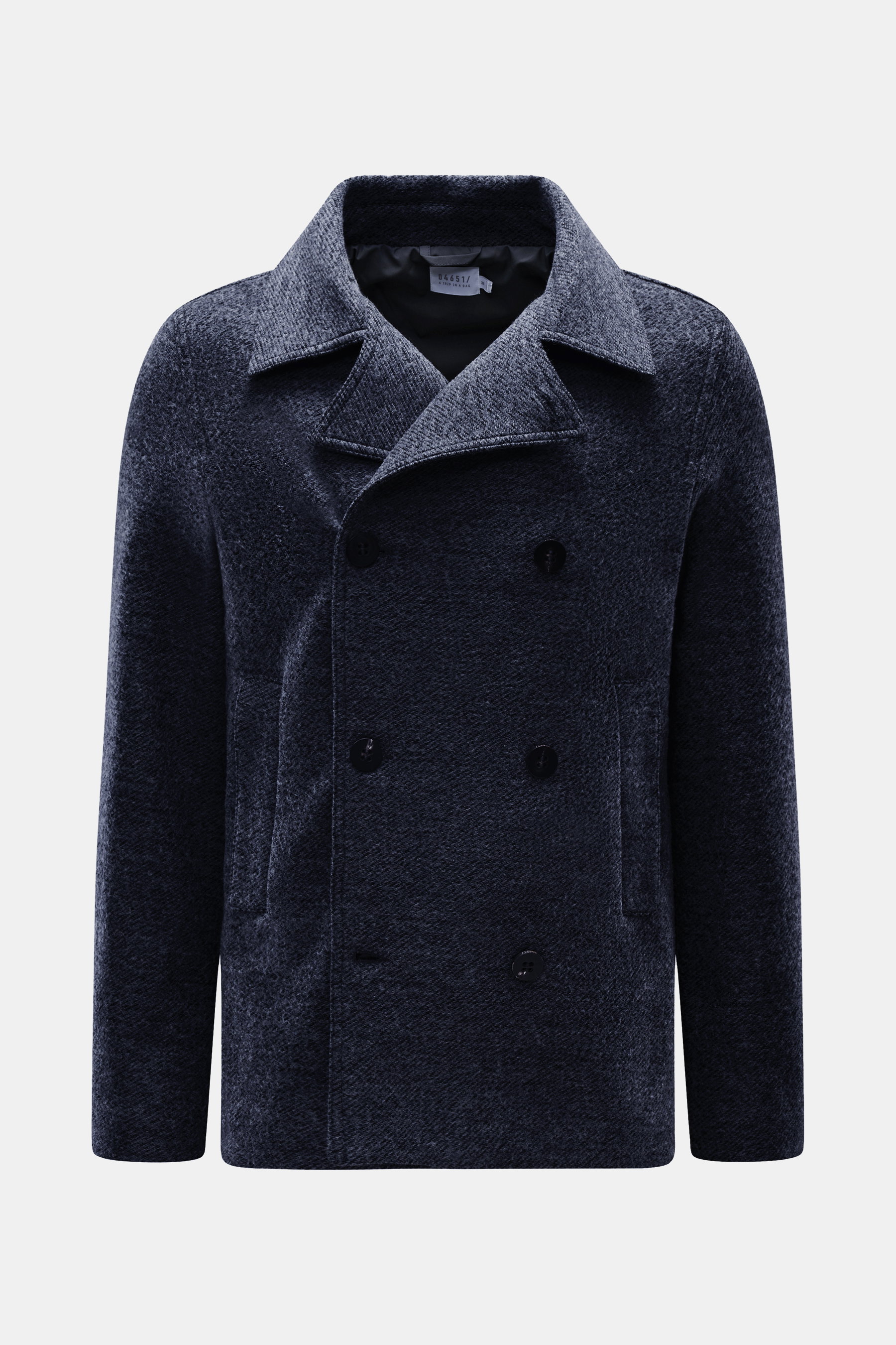 Front view of 04651/ A trip in a bag Pea coat dark grey mottled, slim fit with wool-microfibre blend, textured feel, double-breasted three-button placket, adjustable lapel, slanted hip pockets, smooth lining, and one inside pocket.