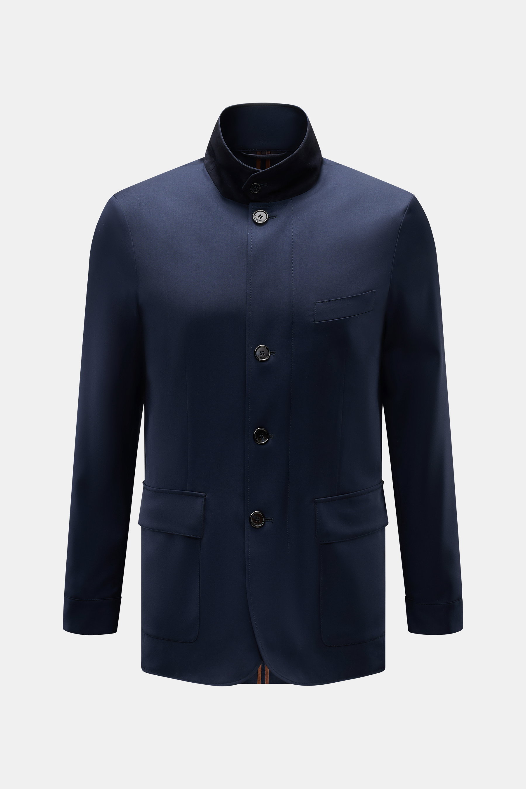 Front view of Mandelli Jacke navy, a slim fit jacket in pure wool with smooth texture, standing collar, two-way zipper, buttoned wind flap, buttoned sleeve cuffs, half-lined, two inner pockets, and flap pockets.