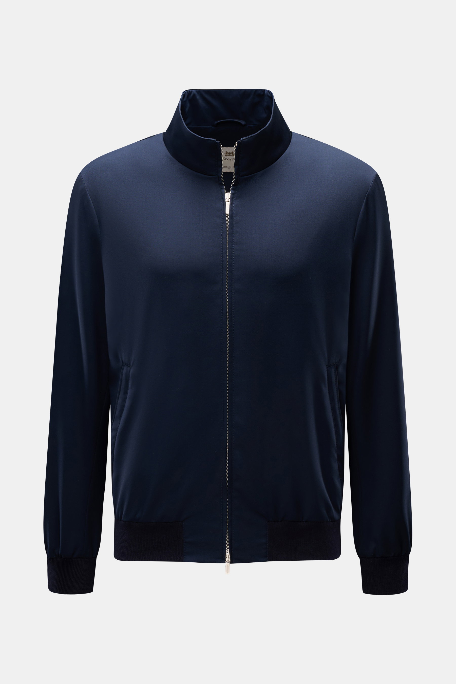 Mandelli Blouson navy, frontal fotografiert, Slim Fit Blouson aus reiner Wolle mit Stehkragen, Zwei-Wege-Reißverschluss, elastischen Bündchen und drei Innentaschen.