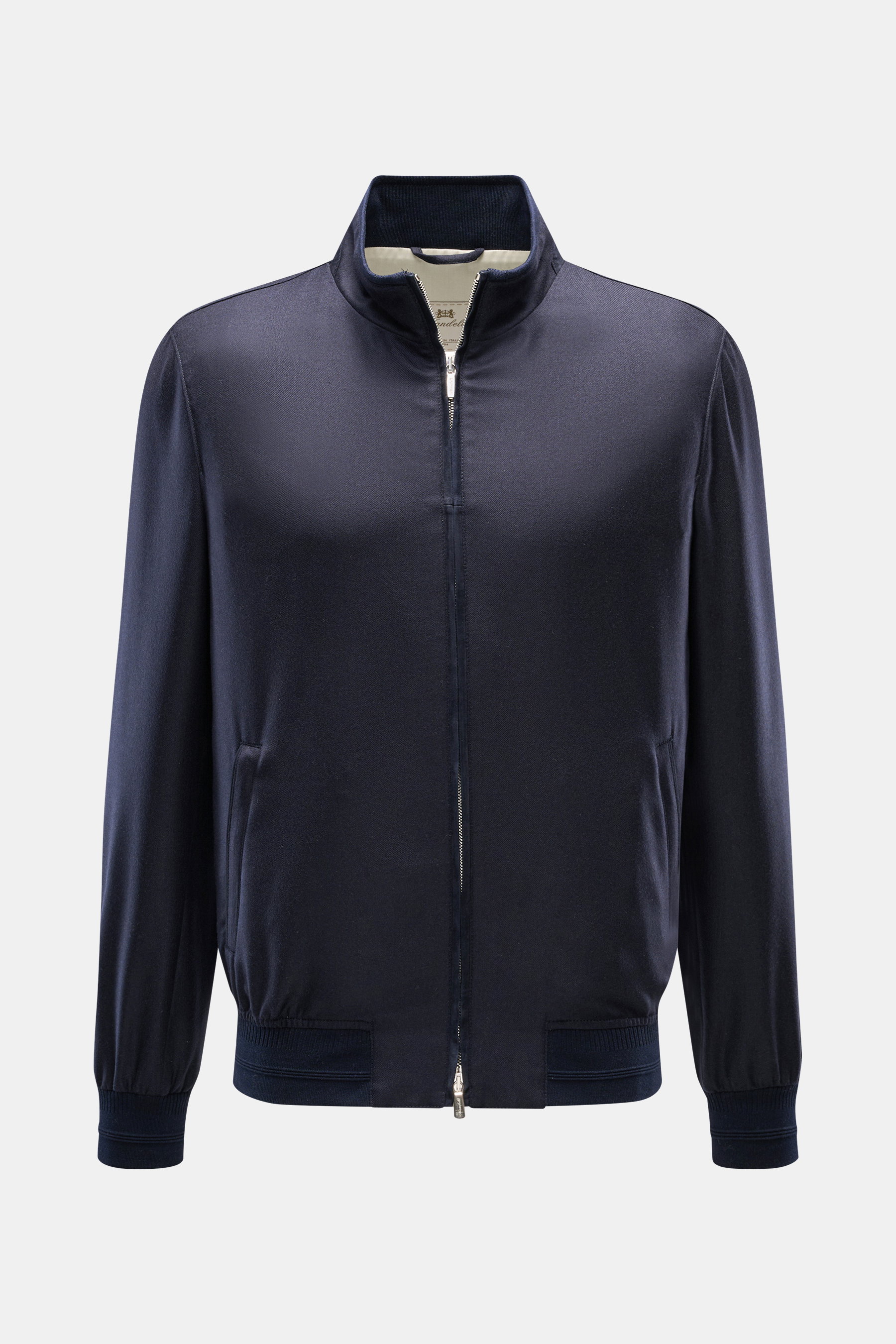 Mandelli Cashmere Blouson navy, frontal fotografiert, Slim Fit mit Stehkragen, Zwei-Wege-Reißverschluss, elastischen Bündchen, zwei Innentaschen, reiner Cashmere, weich, halb gefüttert.