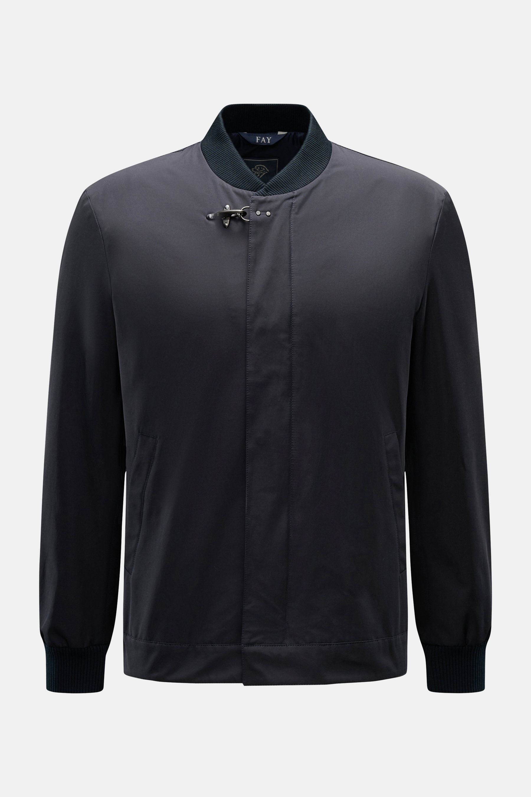 Front view of Fay Blouson navy in slim fit, made of microfiber and cotton with smooth finish, ribbed collar and cuffs, two-way zipper, wind flap with snap buttons, angled welt pockets, elastic sleeve cuffs, soft lining, inner pocket, and signature carabin