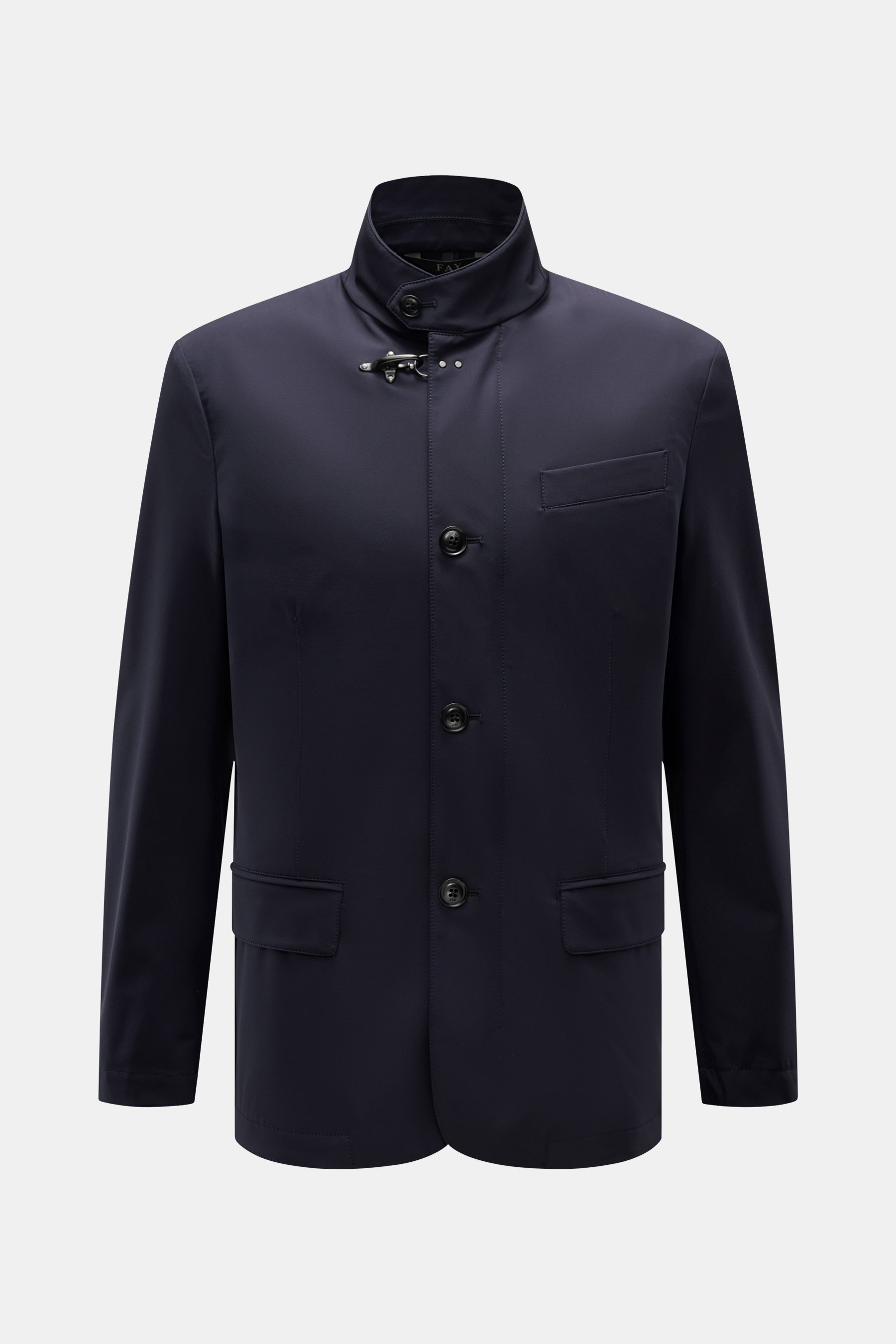 Fay Jacket 'Duty Jacket' navy shown from the front, slim fit in high-quality lightweight microfibre with standing collar, two-way zip, storm flap with buttons, signature carabiner closure, classic breast pocket, hip pockets with flap, half lined, and one 