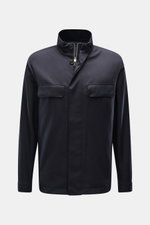 Zegna Jacket 'Motorin' navy front view, slim fit with high collar, two breast flap pockets, two-way zip, button storm flap, cuffed sleeves, soft microfibre, wind- and water-repellent, tonal wool lining, leather trim. <section class="text-token-text-primar