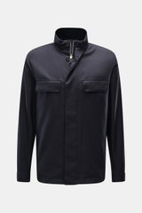 Zegna Jacket 'Motorin' navy front view, slim fit with high collar, two breast flap pockets, two-way zip, button storm flap, cuffed sleeves, soft microfibre, wind- and water-repellent, tonal wool lining, leather trim. <section class="text-token-text-primar