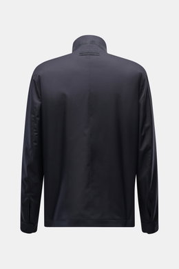 Zegna Jacket 'Motorin' navy shown from the back, made of high-quality microfibre, wind and water repellent with leather detail on collar. <section class="text-token-text-primary w-full focus:outline-none [--shadow-height:45px] has-data-writing-block:point