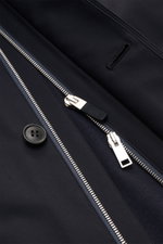 Zegna Jacket 'Motorin' navy close-up from above showing black button, metal two-way zipper, and finely stitched buttonhole on smooth microfibre fabric. <section class="text-token-text-primary w-full focus:outline-none [--shadow-height:45px] has-data-writi