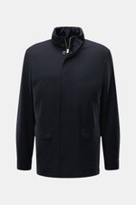 Zegna Jacket 'Motorino' navy shown from front, slim fit with high collar, two-way zip, flap pockets, storm flap, soft microfibre, wool lining. <section class="text-token-text-primary w-full focus:outline-none [--shadow-height:45px] has-data-writing-block: