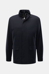 Zegna Jacket 'Motorino' navy shown from front, slim fit with high collar, two-way zip, flap pockets, storm flap, soft microfibre, wool lining. <section class="text-token-text-primary w-full focus:outline-none [--shadow-height:45px] has-data-writing-block: