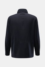 Zegna Jacket 'Motorino' navy shown from the back, featuring high-quality microfibre, wind- and water-repellent fabric, standing collar with leather trim, and slim fit. <section class="text-token-text-primary w-full focus:outline-none [--shadow-height:45px