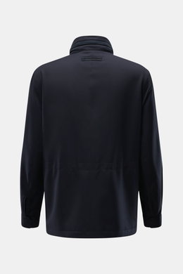 Zegna Jacket 'Motorino' navy shown from the back, featuring high-quality microfibre, wind- and water-repellent fabric, standing collar with leather trim, and slim fit. <section class="text-token-text-primary w-full focus:outline-none [--shadow-height:45px