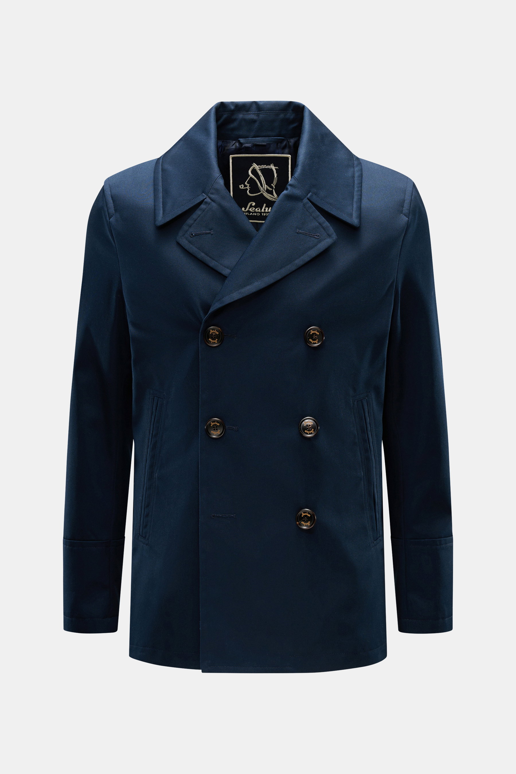 Sealup Cabanjacke 'Amalfi' navy, frontale Ansicht, leichter Twill aus Microfaser-Baumwoll-Mix, Slim Fit, breiter Reverskragen, zweireihige Knopfleiste, schräge Taschen.