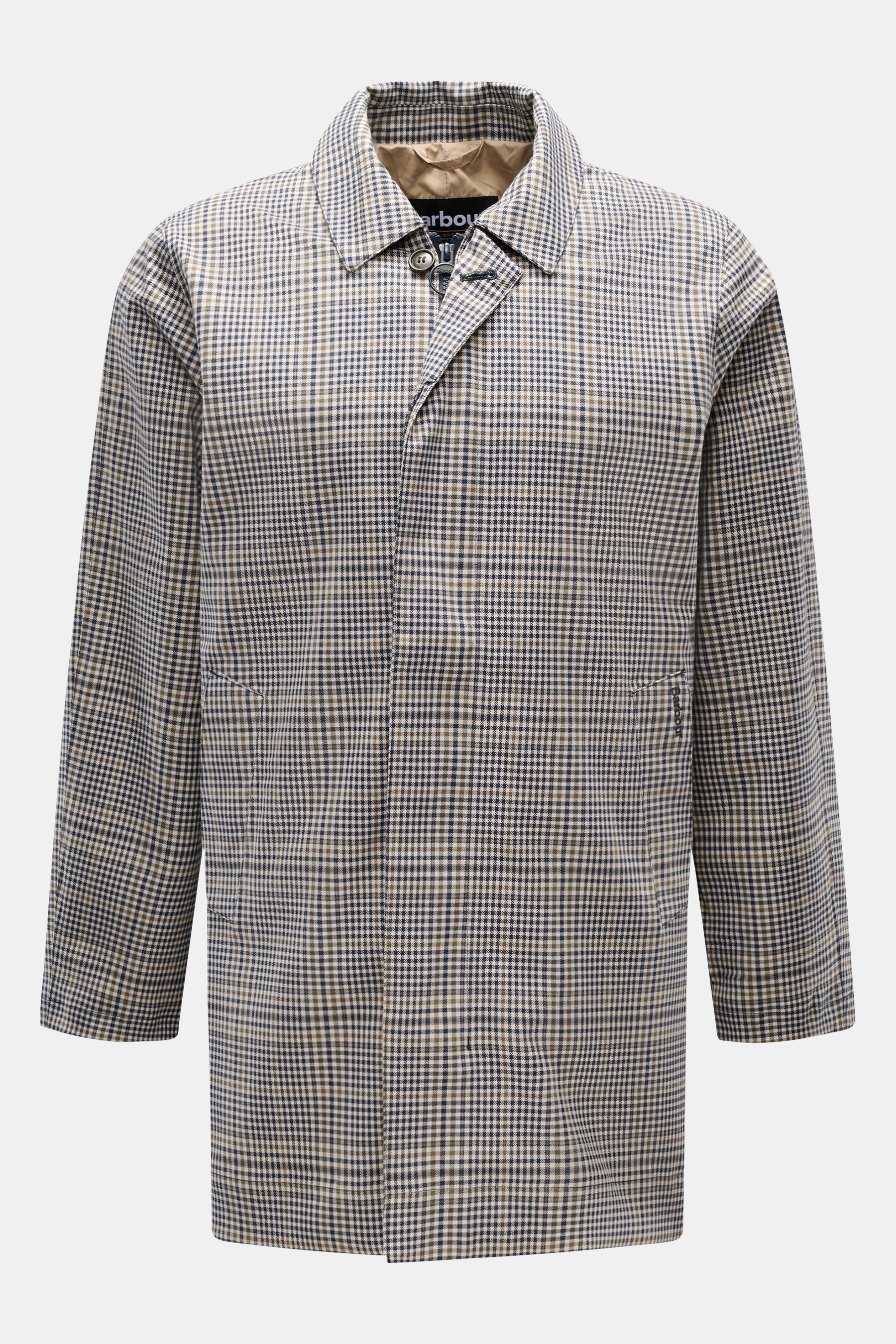 Barbour Regenmantel 'Check Rokig' navy/oliv kariert, Frontansicht, Microfaser mit Viskose, Slim Fit, wasserdicht, Umlegekragen, zwei Leistentaschen, Rückenmittelschlitz.