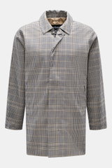 Barbour Regenmantel 'Check Rokig' navy/oliv kariert, Frontansicht, Microfaser mit Viskose, Slim Fit, wasserdicht, Umlegekragen, zwei Leistentaschen, Rückenmittelschlitz.