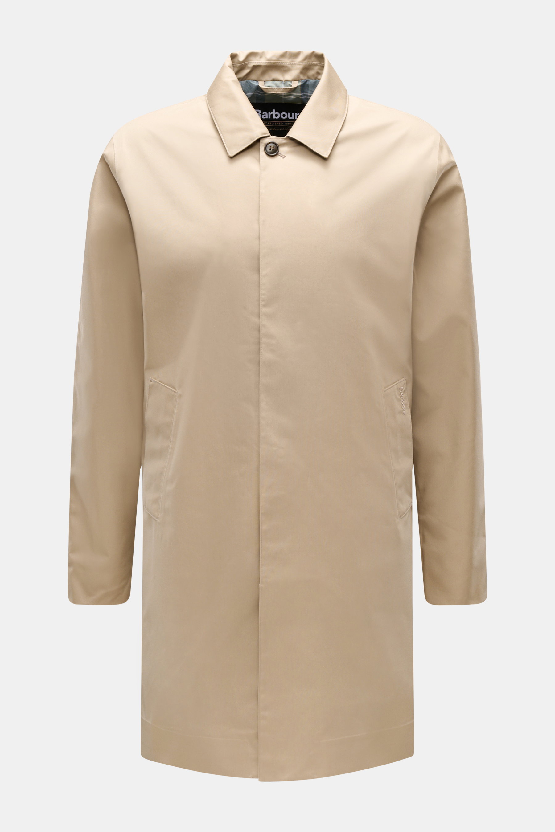 Barbour Regenmantel 'Rokig' beige, Slim Fit, wasserfest, Microfaser mit Viskose, Umlegekragen, große Leistentaschen, Vorderansicht.