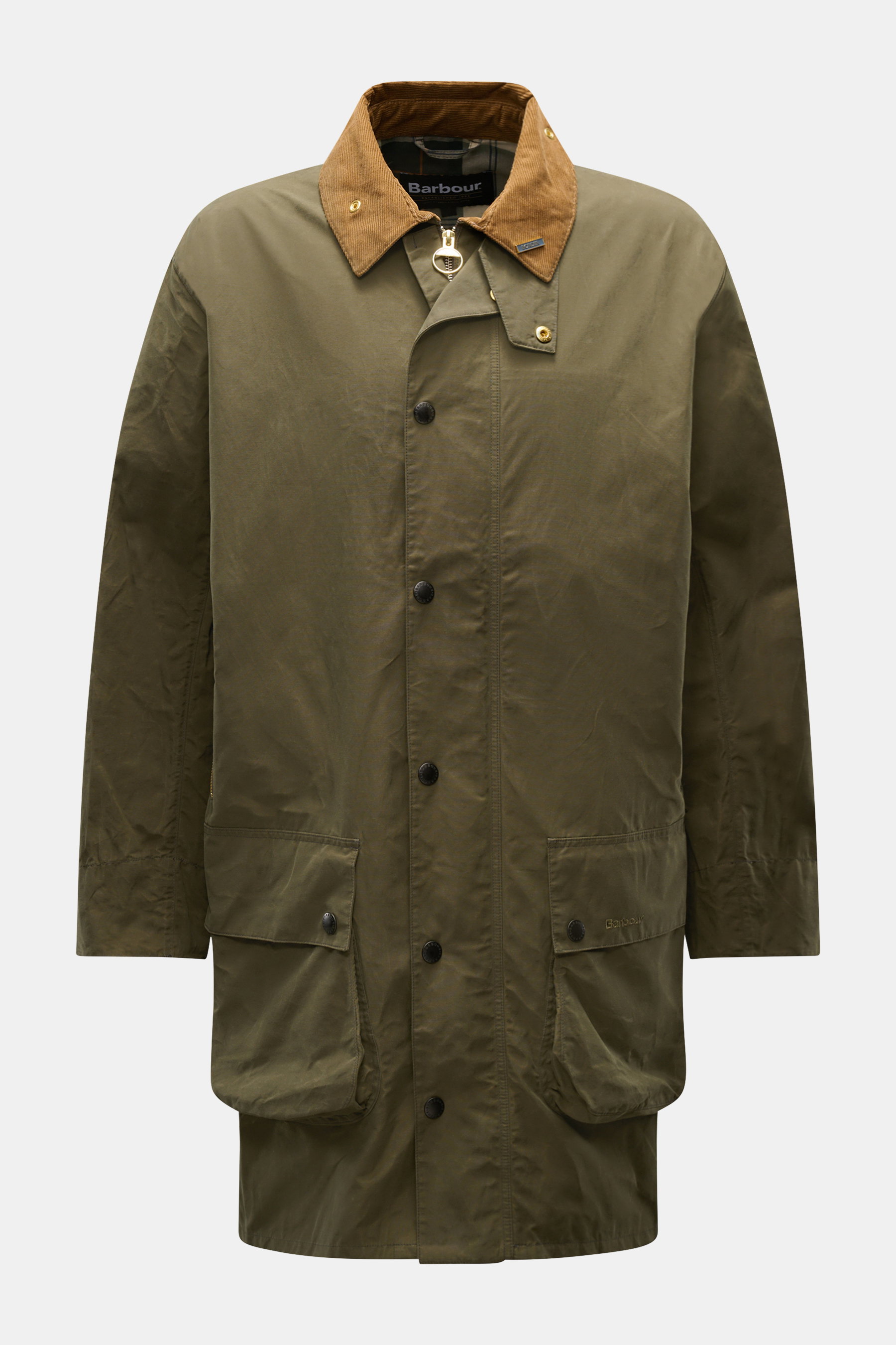 Barbour Wachsjacke 'Icons Border Casual' oliv, frontale Aufnahme, gewachste Baumwolle, Cordkragen, Pattentaschen, Logostickerei, Tartan-Futter, Regular Fit.