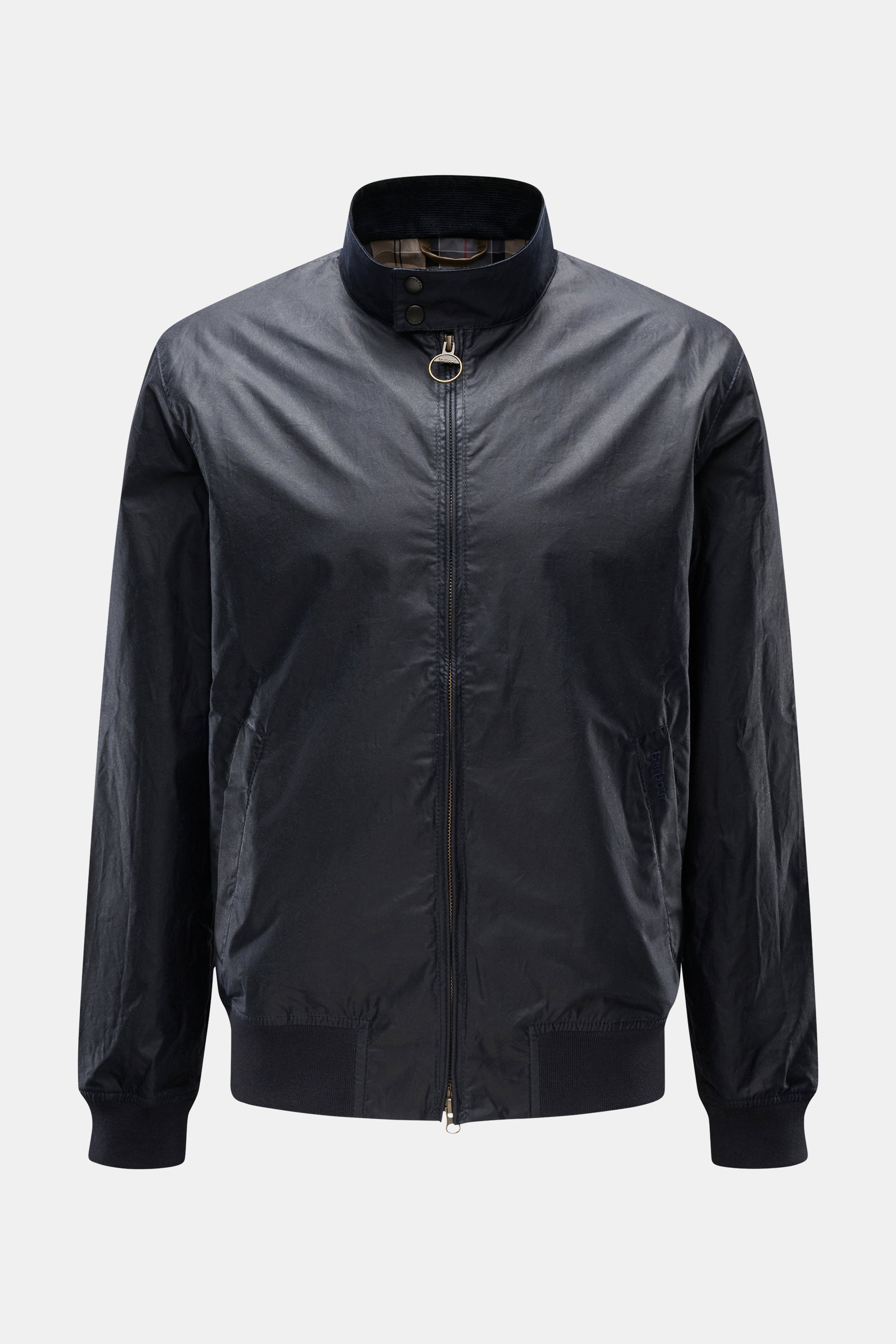 Barbour Wachs-Blouson 'Royston' dark navy, Slim Fit, gewachste Baumwolle mit Cordbesatz am Stehkragen, von vorn fotografiert.
