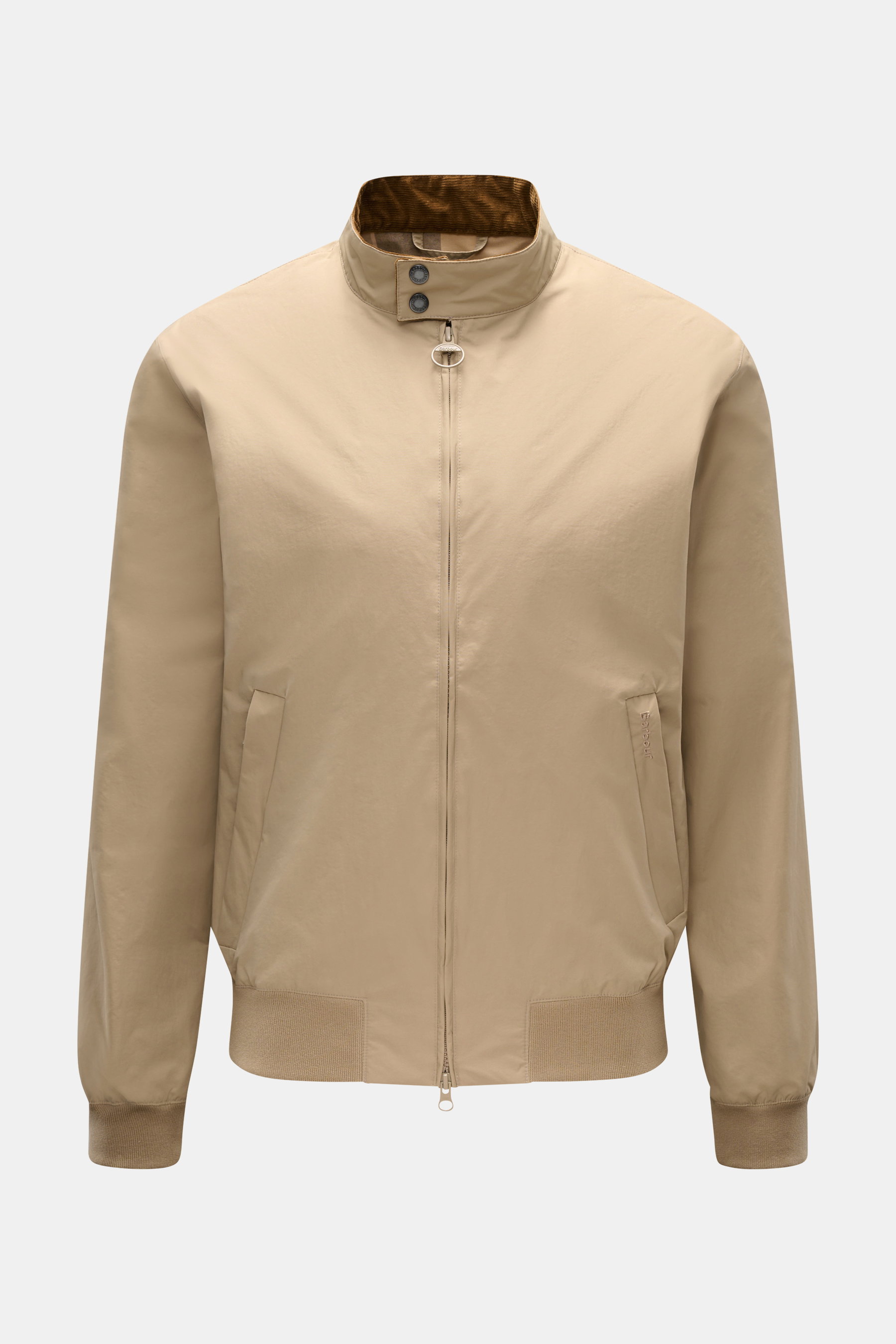 Barbour Blouson 'Royston' beige, frontal fotografiert, mit kurzem Schnitt, Cordkragen, Slim Fit, Microfaser, Meshfutter, Reißverschluss, Leistentaschen, elastischen Bündchen.