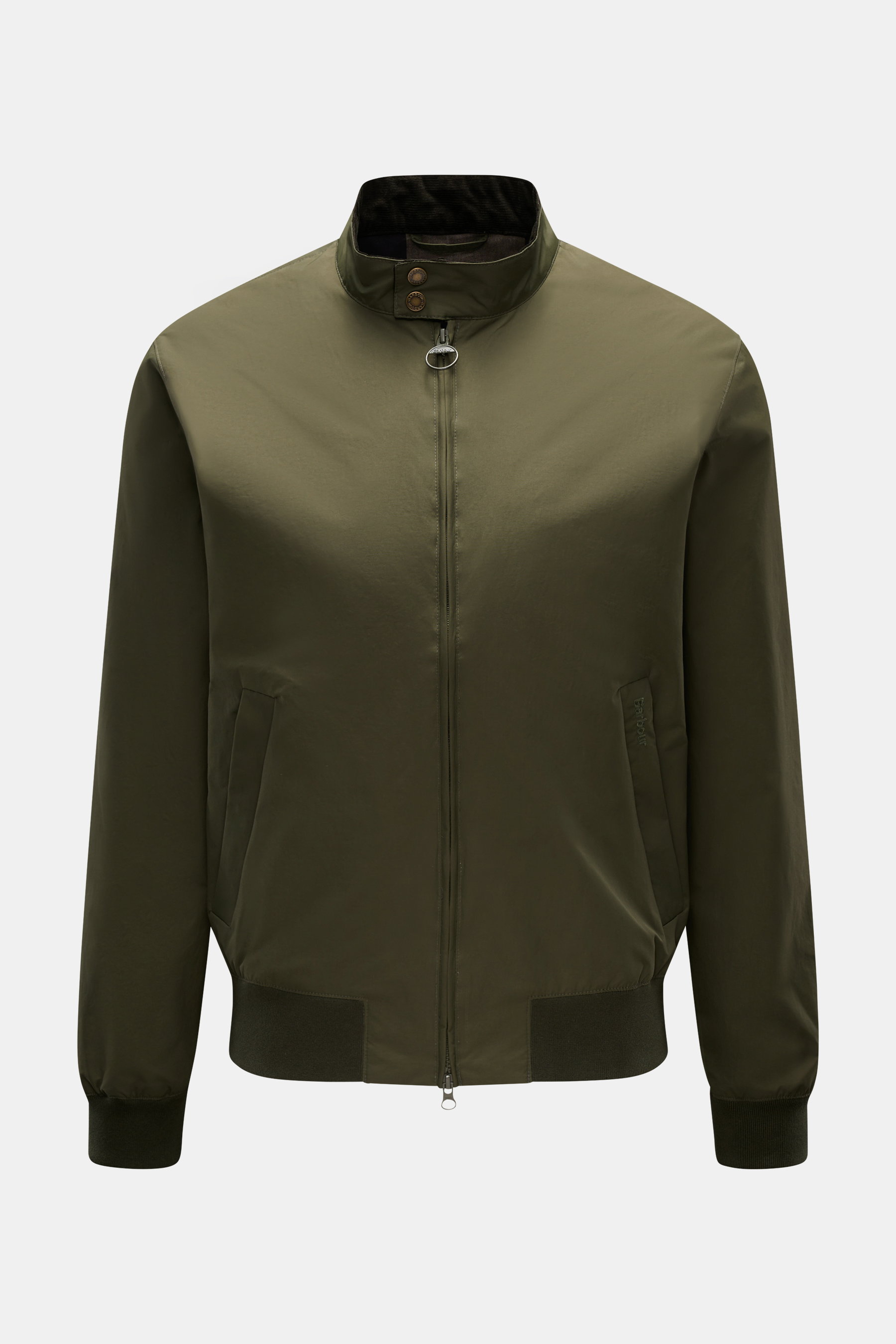 Barbour Blouson 'Royston' oliv, frontal fotografiert, moderner Slim Fit Blouson mit Cordbesatz, Microfaser, Reißverschluss, Meshfutter, elastischen Bündchen.