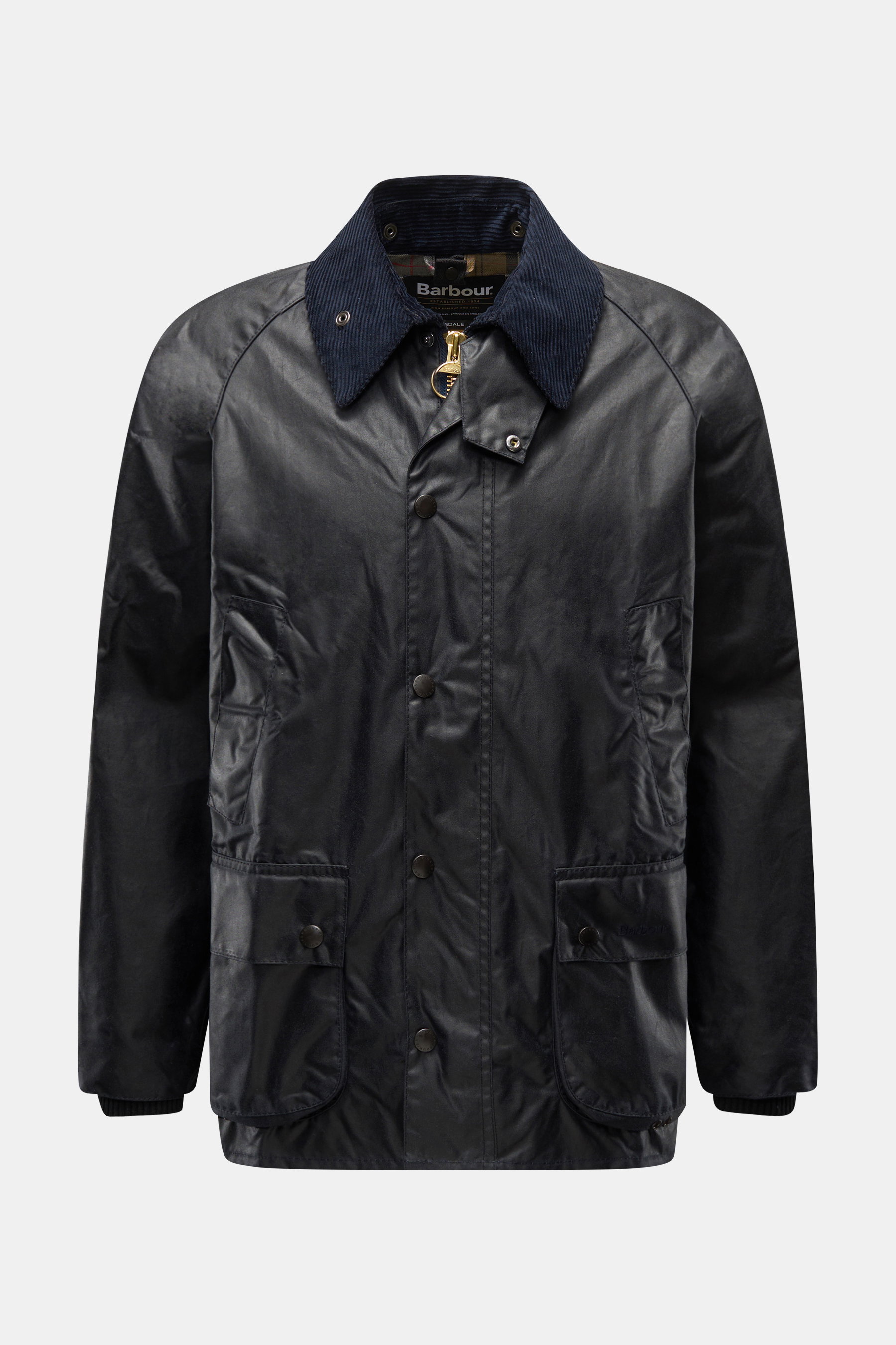 Barbour Wachsjacke 'Bedale' dark navy, Frontansicht, gewachste Baumwolle, Cord-Kragen, Tartan-Futter, Taschen, Regular Fit, Windblende, Raglanärmel.