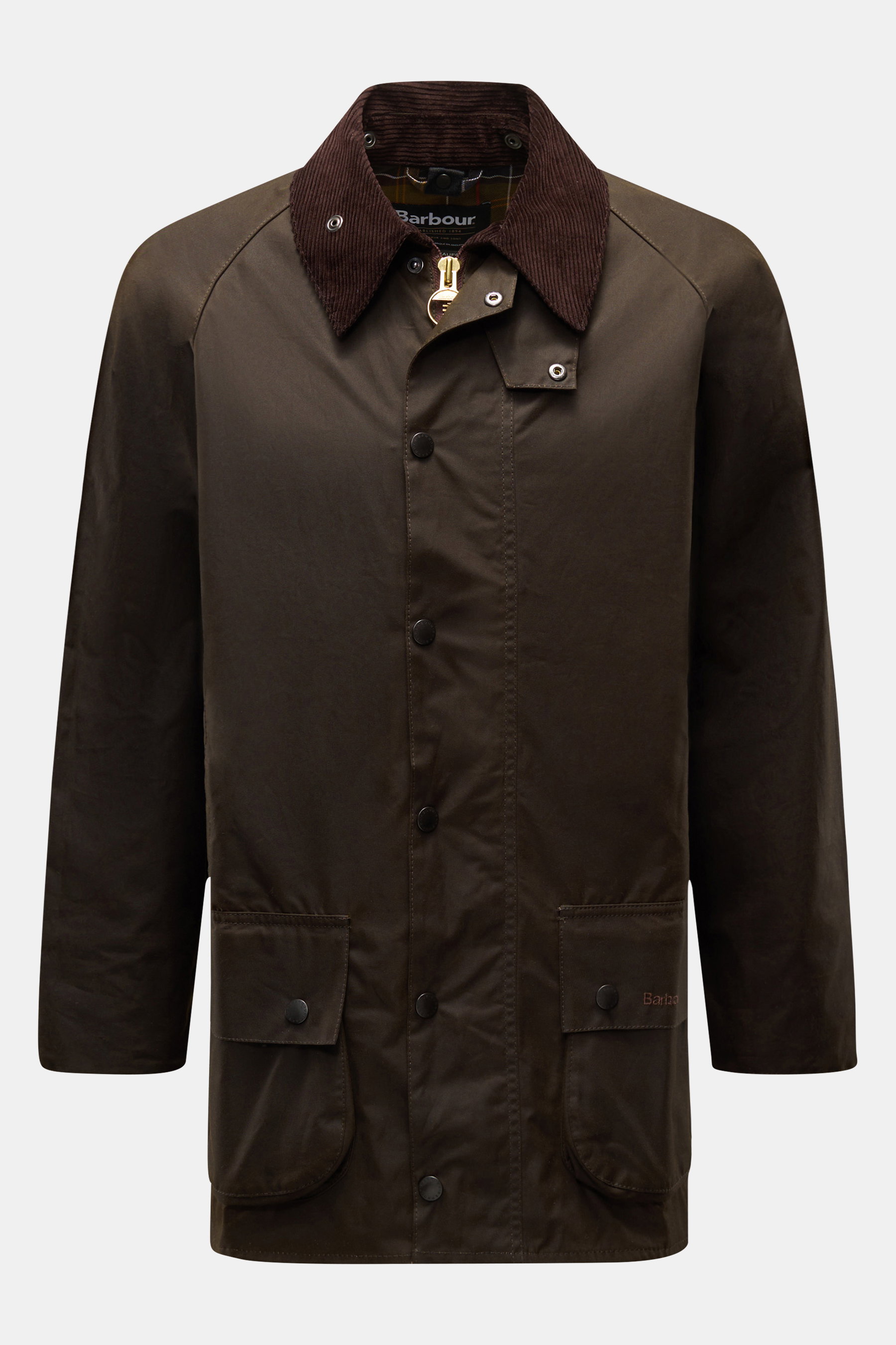 Barbour Wachsjacke 'Beaufort' dark olive, frontale Nahaufnahme, gewachste Baumwolle, Cordkragen, wasserabweisend, Regular Fit, Druckknöpfe, Fronttaschen, Tartan-Futter.