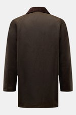 Rear view of Barbour Waxed jacket 'Beaufort' dark olive with corduroy collar, made of water repellent waxed cotton, showcasing its regular fit and raglan sleeves. 

Description: A true classic from BARBOUR: The long waxed jacket 'Beaufort' made of water r