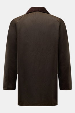Rear view of Barbour Waxed jacket 'Beaufort' dark olive with corduroy collar, made of water repellent waxed cotton, showcasing its regular fit and raglan sleeves. 

Description: A true classic from BARBOUR: The long waxed jacket 'Beaufort' made of water r