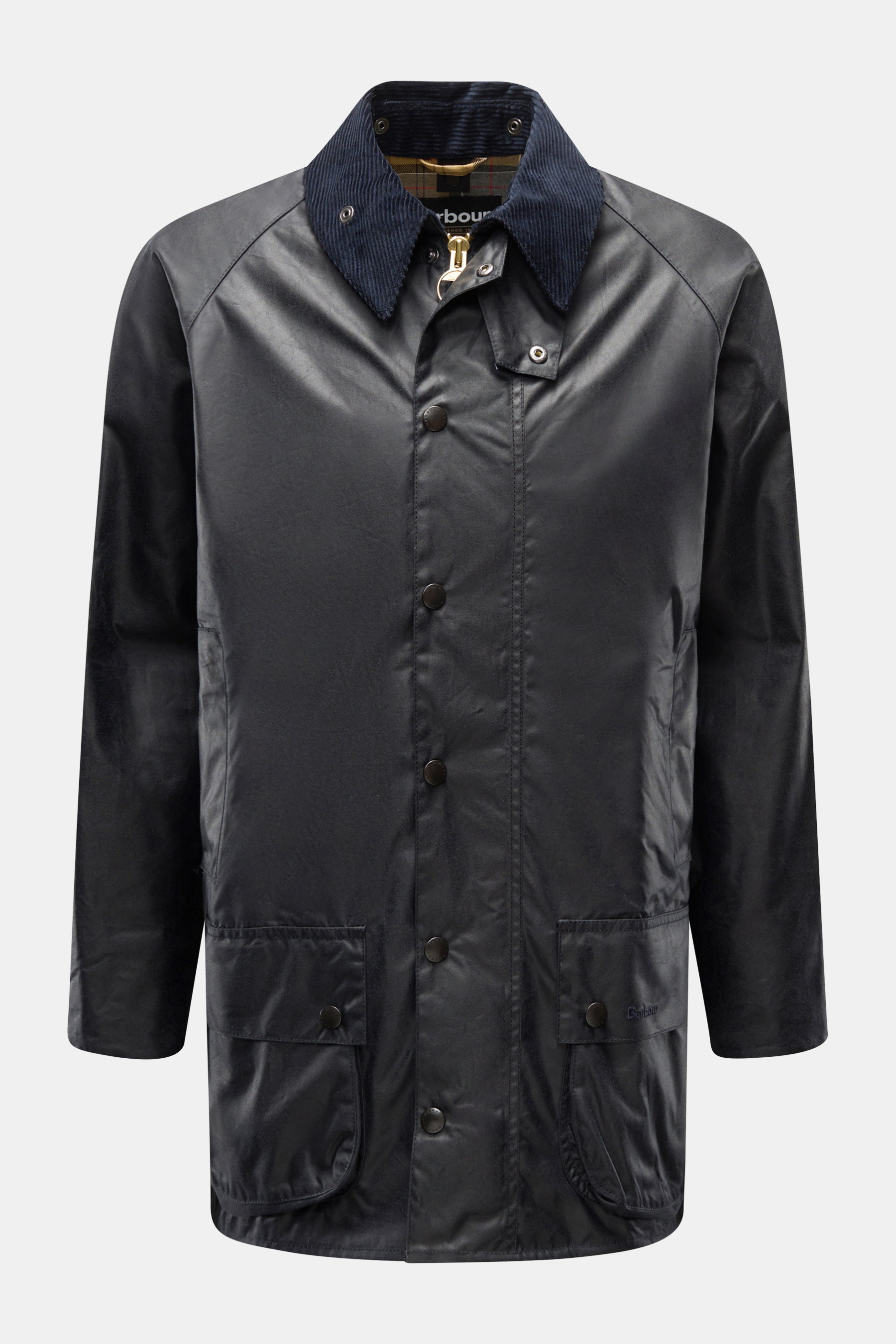 Vorderansicht der Barbour Wachsjacke 'Beaufort' dark navy mit Cordkragen, gewachster Baumwolle, Druckknöpfen und Tartan-Futter.
