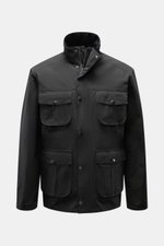Front view of Barbour Field jacket 'Sanderling' navy, lightweight cotton-microfibre blend with four bellows pockets, corduroy collar, two-way zip, snap buttons, leather logo, and tartan lining.