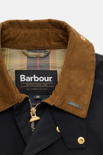 Barbour Parka 'Icons Border' dark navy in Detailaufnahme von oben, brauner Cordkragen, Tartan-Innenfutter, Zipper, Druckknöpfe, Baumwolle/Microfaser, Regular Fit.