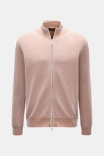 Front view of Moorer Cardigan 'Urbino' off-white/light brown mottled with standing collar, two-way zip, narrow contrasting borders, and ribbed bands.

<p>Confident layering: This MOORER cardigan has a clean silhouette and a timeless design that make it an
