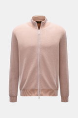 Front view of Moorer Cardigan 'Urbino' off-white/light brown mottled with standing collar, two-way zip, narrow contrasting borders, and ribbed bands.

<p>Confident layering: This MOORER cardigan has a clean silhouette and a timeless design that make it an