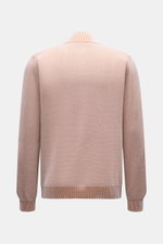 Rear view of the Moorer Cardigan 'Urbino' off-white/light brown mottled, showcasing its medium-fine knit, standing collar, and flexible ribbed bands.

Description: <p>Confident layering: This MOORER cardigan has a clean silhouette and a timeless design th