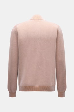 Rear view of the Moorer Cardigan 'Urbino' off-white/light brown mottled, showcasing its medium-fine knit, standing collar, and flexible ribbed bands.

Description: <p>Confident layering: This MOORER cardigan has a clean silhouette and a timeless design th