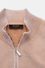 Moorer Cardigan 'Urbino' off-white/light brown mottled shown from above, highlighting ribbed standing collar, two-way zip, and knit texture. <p>Confident layering: This MOORER cardigan has a clean silhouette and a timeless design that make it an essential