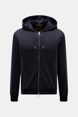 Front view of Moorer Sweat jacket 'Matthew Felpa' navy, a sporty luxury double-sided knit sweat jacket with a slim fit, two-way zip, drawstring hood, split kangaroo pocket with leather jetted edges, soft viscose and microfiber blend, very fine knit, and c