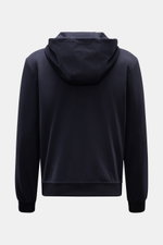 Rear view of Moorer Sweat jacket 'Matthew Felpa' navy, sporty luxury double-sided knit, soft viscose-microfibre blend, slim fit, drawstring hood, ribbed bands.