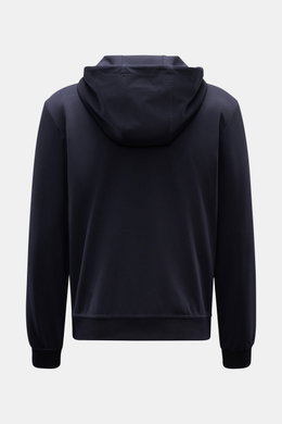 Rear view of Moorer Sweat jacket 'Matthew Felpa' navy, sporty luxury double-sided knit, soft viscose-microfibre blend, slim fit, drawstring hood, ribbed bands.