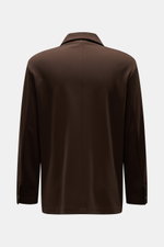 Rear view of Moorer Jersey-Jacke 'Keaton' dunkelbraun, a slim fit, lightweight overshirt-style jacket with smooth microfiber and viscose jersey fabric, featuring an unlined design, turn-down collar, four-button placket, buttoned sleeve cuffs, and patch po