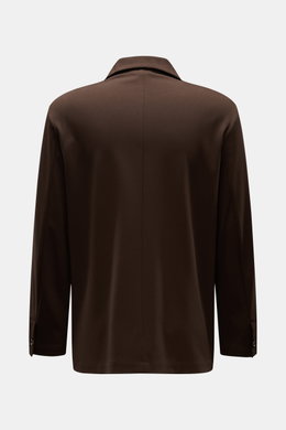 Rear view of Moorer Jersey-Jacke 'Keaton' dunkelbraun, a slim fit, lightweight overshirt-style jacket with smooth microfiber and viscose jersey fabric, featuring an unlined design, turn-down collar, four-button placket, buttoned sleeve cuffs, and patch po