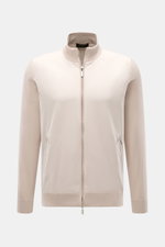 Front view of the Moorer Jersey blouson 'Tolly' cream/beige, sporty and elegant with twill trim, pure cotton, slim fit, two-way zip, standing collar, zip front pockets, elastic hem and cuffs, unconstructed design, soft feel.