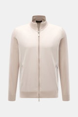 Front view of the Moorer Jersey blouson 'Tolly' cream/beige, sporty and elegant with twill trim, pure cotton, slim fit, two-way zip, standing collar, zip front pockets, elastic hem and cuffs, unconstructed design, soft feel.