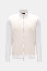 Front view of Moorer Jersey blouson 'Tolly' white/beige, sporty and elegant with twill trim, pure cotton, soft feel, slim fit, two-way zip, standing collar, zip front pockets, elastic hem and sleeve cuffs, unconstructed design.