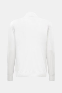 Rear view of the Moorer Jersey blouson 'Tolly' white/beige, sporty and elegant with twill trim, pure cotton, soft feel, slim fit, two-way zip, standing collar, zip front pockets, elastic hem and cuffs, unconstructed design.